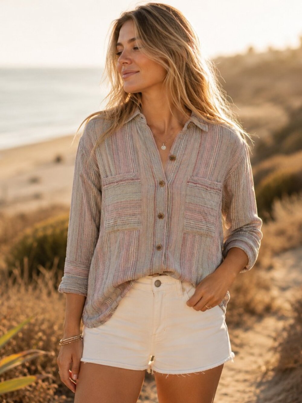 Free People High Tide multi striped long sleeve shirt